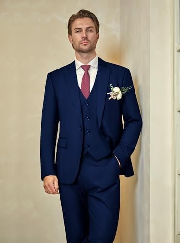 WULFUL Men’s Slim Fit Suit One Button 3-Piece Blazer Dress Business Wedding Party Jacket Vest & Pant