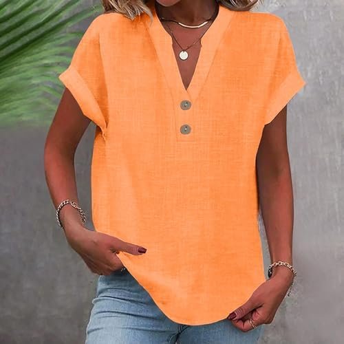 1757950293_41nxe7HgeUL._AC_.jpg Summer Tops for Women 2025 Trendy Short Sleeve Cotton Linen Shirt Casual Button v Neck Tunic Blouses Outfits
