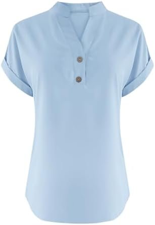 Linen Shirt for Women Summer Button Down Short Sleeve V Neck Tops Solid Color Comfy Blouses Casual Dressy Tunic Top