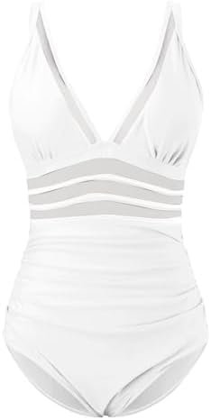 21F9L88kWIL._AC_.jpg Generic One Piece Swimsuit Women Mesh Tummy Control V Neck High Waist Ruched Pushup Bathing Suit Sexy Beach Vacation Swimwear