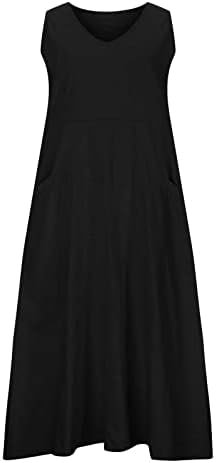 Women's Summer Cotton Linen Long Dress Sleeveless Elegant Flowy Dresses Plus Size Loose Comfy Dress with Pockets