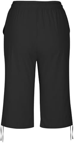 Linen Shorts for Women Summer Knee Length Elastic Waist Capri Pants Casual Gym Drawstring Bermuda Shorts with Pockets