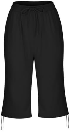 Linen Shorts for Women Summer Knee Length Elastic Waist Capri Pants Casual Gym Drawstring Bermuda Shorts with Pockets