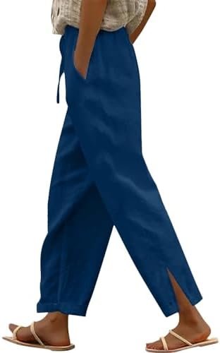 Linen Pants for Women 2025 Summer Elastic High Waist Split Hem Pants Casual Loose Fit Drawstring Trousers with Pocket