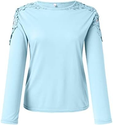 Generic Fall Shirts for Women 2024 Trendy Crew Neck Long Sleeves Blouses Tops Dressy Casual Lace Floral Shoulder Basic Shirt