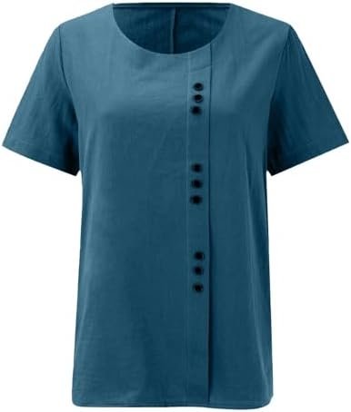 Linen Shirts for Women 2025 Summer Vintage Solid Color Short Sleeve Casual Oversized Round Neck Floral Graphic Tees