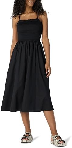 Amazon Essentials Women's Regular-Fit Cotton Sateen Smocked Bodice Midi Dress
