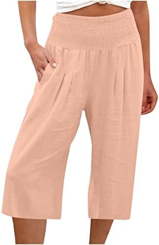 Generic Capri Pants for Women High Waisted Wide Leg Linen Capris Summer Loose Elastic Trousers with Pockets