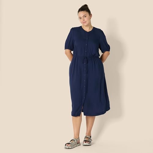 Amazon Essentials Women's Fit and Flare Half-Sleeve Waisted Midi A-Line Dress with Pockets