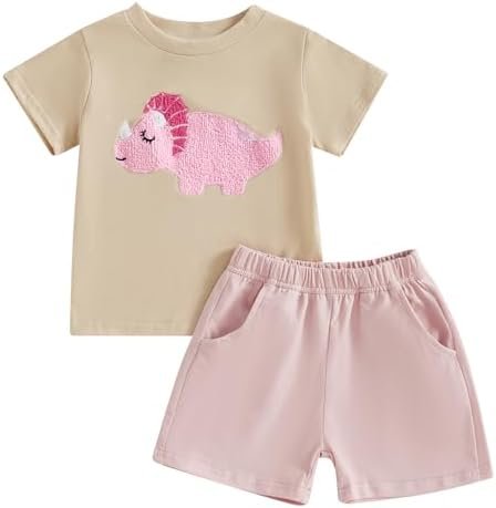 Toddler Baby Girl Summer Clothes Embroidered Letter Graphic Short Sleeve T-Shirt Shirts + Elastic Shorts Set