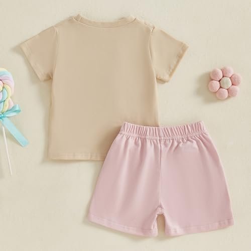 Toddler Baby Girl Summer Clothes Embroidered Letter Graphic Short Sleeve T-Shirt Shirts + Elastic Shorts Set