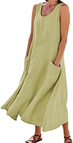Women's Summer Cotton Linen Long Dress Sleeveless Elegant Flowy Dresses Plus Size Loose Comfy Dress with Pockets
