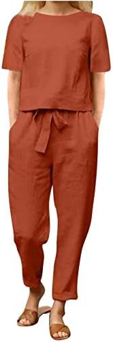 2 Piece Outfits for Women Summer Cotton Linen Casual Matching Set Short Sleeve T Shirts and Capri Pants with Pockets