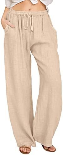 SHAOBGE Cotton Linen Pants for Women Summer Wide Leg Casual Loose Drawstring High Waist Palazzo Pants Trousers with Pockets