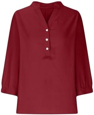 Linen Shirts for Women Summer Beach 3/4 Length Sleeve V Neck Button Tops Dressy Casual Tunic Loose Blouse 2025