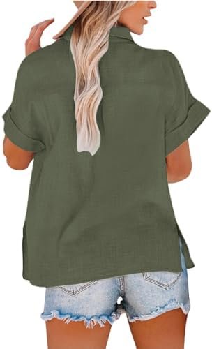 31HK30vN-2L._AC_.jpg Linen Shirts for Women 2025 Summer Cotton Button Down Short Sleeve Blouses Casual Oversized Solid Color Tunic Tops