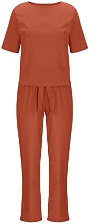 2 Piece Outfits for Women Summer Cotton Linen Casual Matching Set Short Sleeve T Shirts and Capri Pants with Pockets