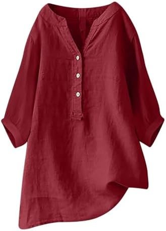 Linen Shirts for Women Summer Beach 3/4 Length Sleeve V Neck Button Tops Dressy Casual Tunic Loose Blouse 2025