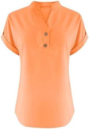Linen Shirts for Women Cotton Button Up Shirt Summer Short Sleeve Roll Up Loose Fit V-Neck Casual Work Blouse Tops