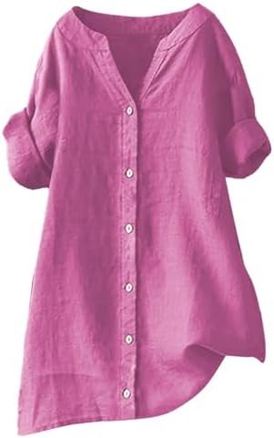 Women's Solid V-Neck Linen Shirt - 2025 Lightweight Summer Beach Top, Short Sleeve Boho Button Front Casual Blouse