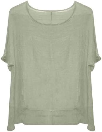 Linen Shirts for Women 2025 Summer Oversized Crewneck Short Sleeve Tops Cute Casual Loose Fit Solid Color Blouses