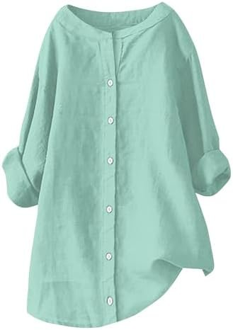 Women's Solid Collared Linen Shirts - 2025 Lightweight Summer Beach Tops, Long Sleeve Boho Button Down Casual Blouses