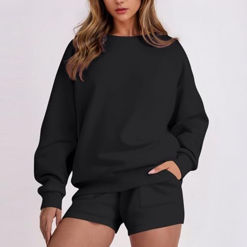 Two Piece Sets for Women Baggy Shorts Oversized Pullover Crew Neck Sweatshirts Lounge Sweatsuits 2 Piece Outfit