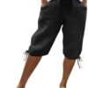Linen Shorts for Women Summer Knee Length Elastic Waist Capri Pants Casual Gym Drawstring Bermuda Shorts with Pockets