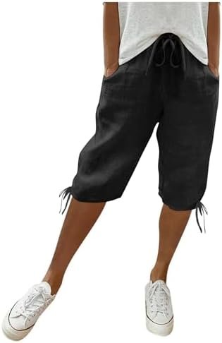 Linen Shorts for Women Summer Knee Length Elastic Waist Capri Pants Casual Gym Drawstring Bermuda Shorts with Pockets