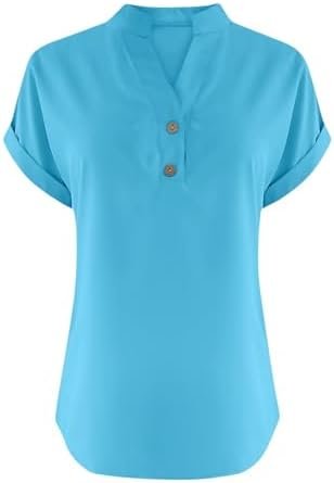 Summer Tops for Women 2025 Trendy Short Sleeve Cotton Linen Shirt Casual Button v Neck Tunic Blouses Outfits