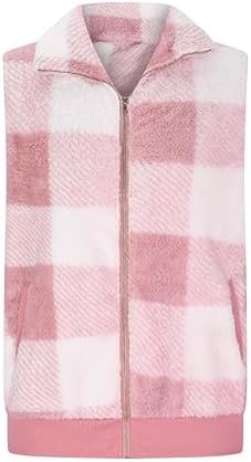 Womens Fashion Plaid Fleece Vest Casual Fuzzy Sleeveless Fuzzy Sherpa Vest Fluffy Zipper Jacket Warm Outerwear