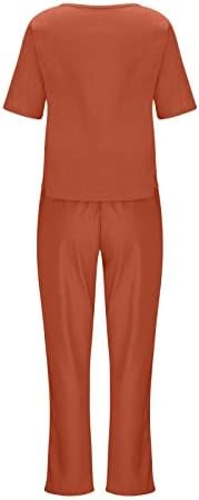 2 Piece Outfits for Women Summer Cotton Linen Casual Matching Set Short Sleeve T Shirts and Capri Pants with Pockets