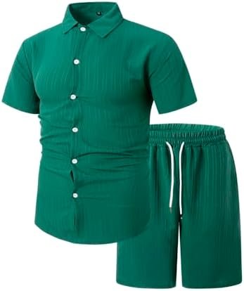 Generic Men Cotton Linen Sets Outfits 2 Piece Summer Causal Short Sleeve Button Up Shirt and Shorts Set Beach Vacation Outfit