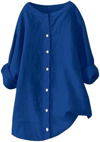 Women's Solid Collared Linen Shirts - 2025 Lightweight Summer Beach Tops, Long Sleeve Boho Button Down Casual Blouses