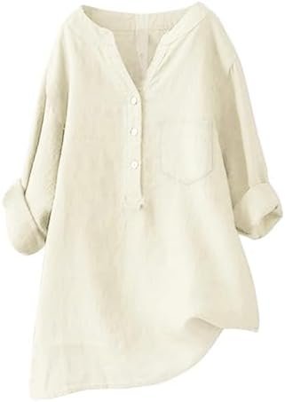 Linen Shirts for Women 2025 Buttons V Neck Cloths Long Sleeve Pockets Tshirt Trendy Dressy Blouses Casual Tunic Tops
