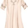 Nightwear Dress for Womens Lightweight Soft Fake Silk Dress Sexy Lace Patchwork Half Sleeve V Neck Mini Sleepwear