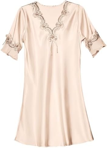 Nightwear Dress for Womens Lightweight Soft Fake Silk Dress Sexy Lace Patchwork Half Sleeve V Neck Mini Sleepwear