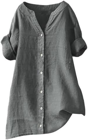 Womens Linen Button Down Shirts Gauze Cotton Shirt Short Sleeve Oversized Boyfriend Solid Tunic Tops Casual Dressy