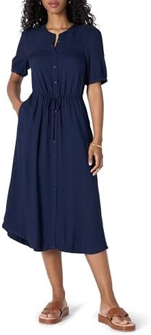 Amazon Essentials Women's Fit and Flare Half-Sleeve Waisted Midi A-Line Dress with Pockets
