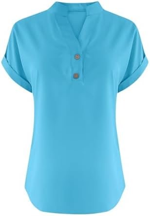 31qo-6UUoWL._AC_.jpg Summer Tops for Women 2025 Casual Short Sleeve Cotton Linen Shirts Button V Neck Tunic Blouse Beach Vacation Clothes