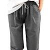 Bermuda Shorts for Women Knee Length Cotton Linen Elastic Waist Drawstring Shorts Summer Capris Pants with Pockets