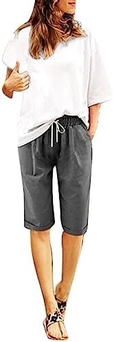 Bermuda Shorts for Women Knee Length Cotton Linen Elastic Waist Drawstring Shorts Summer Capris Pants with Pockets