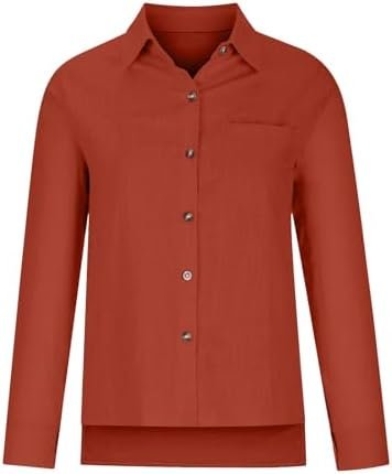Linen Shirts for Women Button Down Plain T-Shirts Long Sleeve Collared Casual Blouses Dressy Work Tops with Pockets
