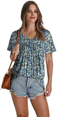 41XlpQX2L._AC_.jpg WEESO Womens T Shirts Short Sleeve Pleated Dressy Casual V Neck Summer Tops Blouses