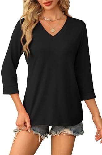 WIHOLL Womens Tops 3/4 Length Sleeve V Neck Casual Tunic Tops Basic Shirts Loose Fit Blouse