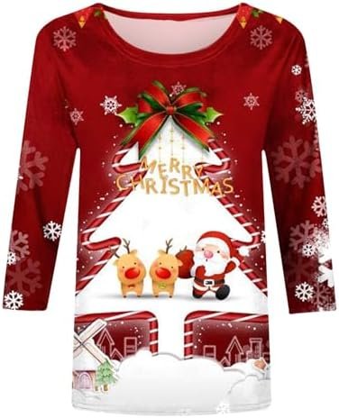 Christmas Shirts for Women Cute 3/4 Length Sleeve Tops Dressy Casual Crewneck Sweatshirts Ugly Xmas Sweater Blouses