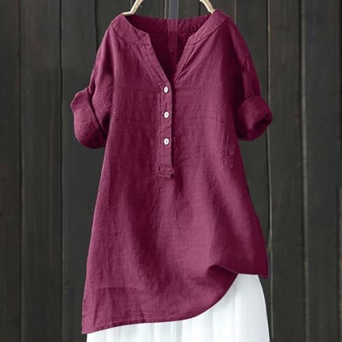 Womens Cotton Linen Shirts 2025 Gauze Short Sleeve V Neck Button Down Tops Vacation Travel Summer Beach Blouse Tunic