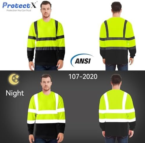 ProtectX Men's High Visibility Heavy Duty Long Sleeve Reflective Safety T-Shirts for Construction, Class 2-3 Type R