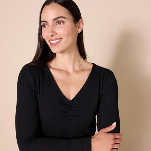 Amazon Essentials Women's Cinched V-Neck Long Sleeve Slim-Fit Rib-Knit T-Shirt, Pack of 2