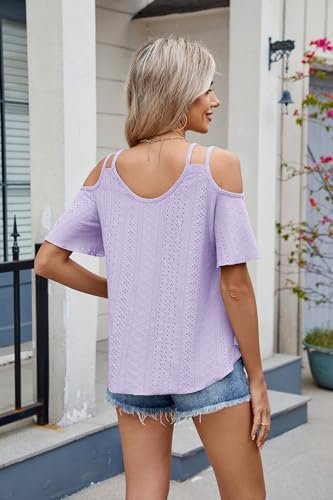 411dMb4kcML._AC_.jpg Eyelet Tops for Women Short Sleeve T Shirts Summer Spring Fashion 2025 Trendy Clothes Cold Shoulder Blouses